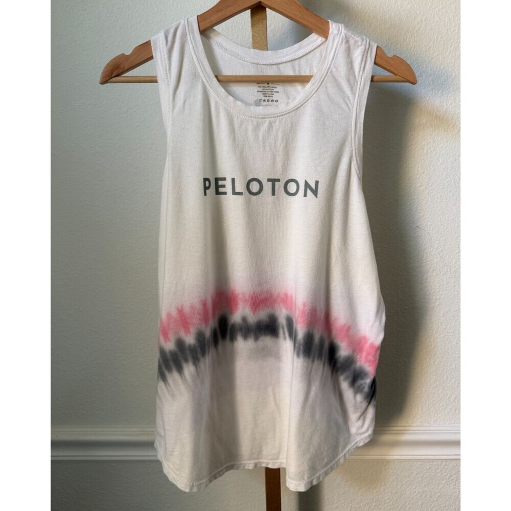 Peloton Women’s Medium White Tank Tie Dye Logo Racer Top Athletic Active Flowy